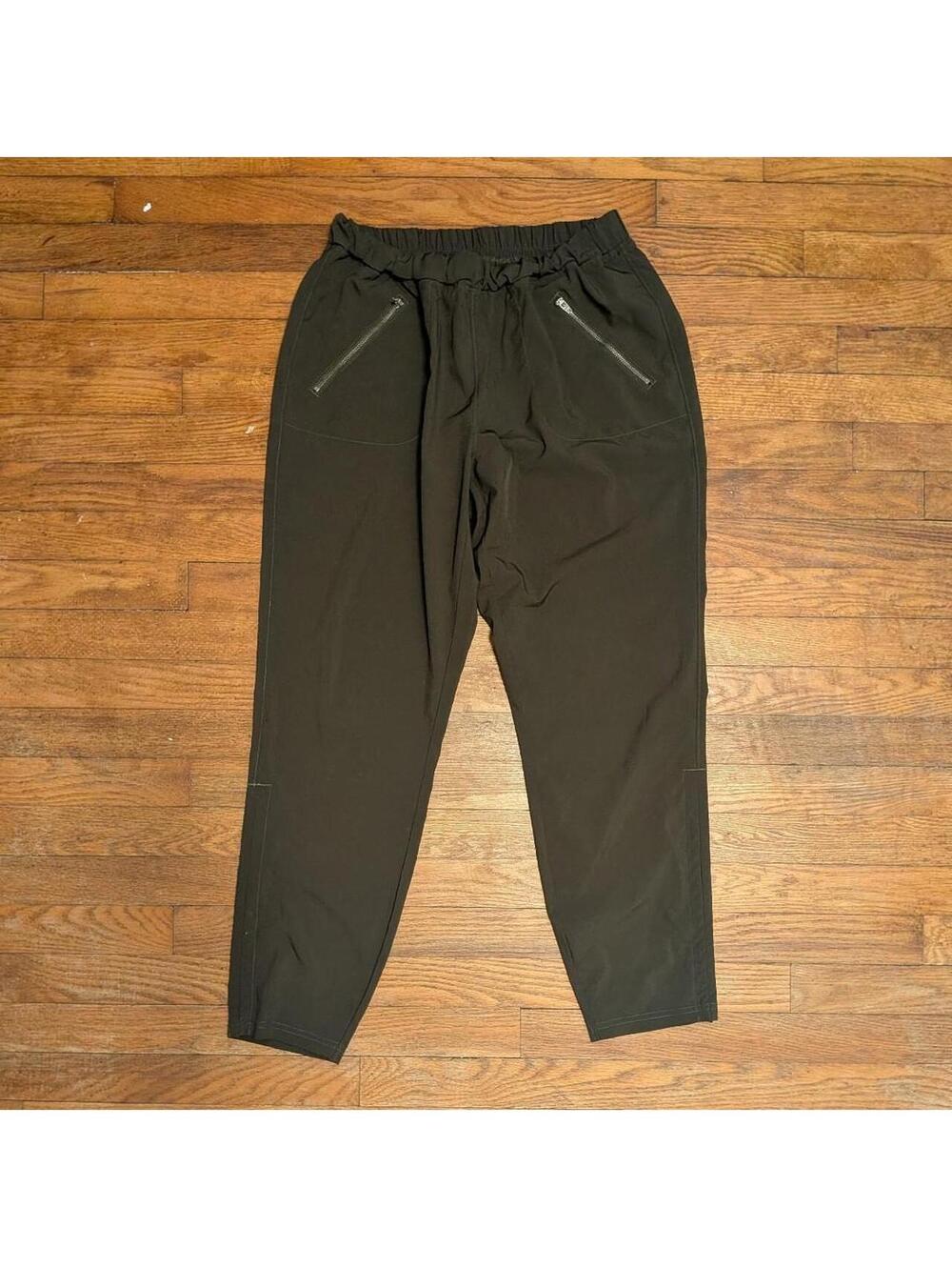 Olive Green Lightweight Hiking Pants Zip Pockets Elastic Waist Tapered Leg Med